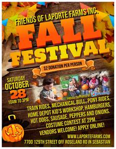 LaPorte Farms Fall Festival. October 28th 10am to 3pm. Entry: $2 donation person